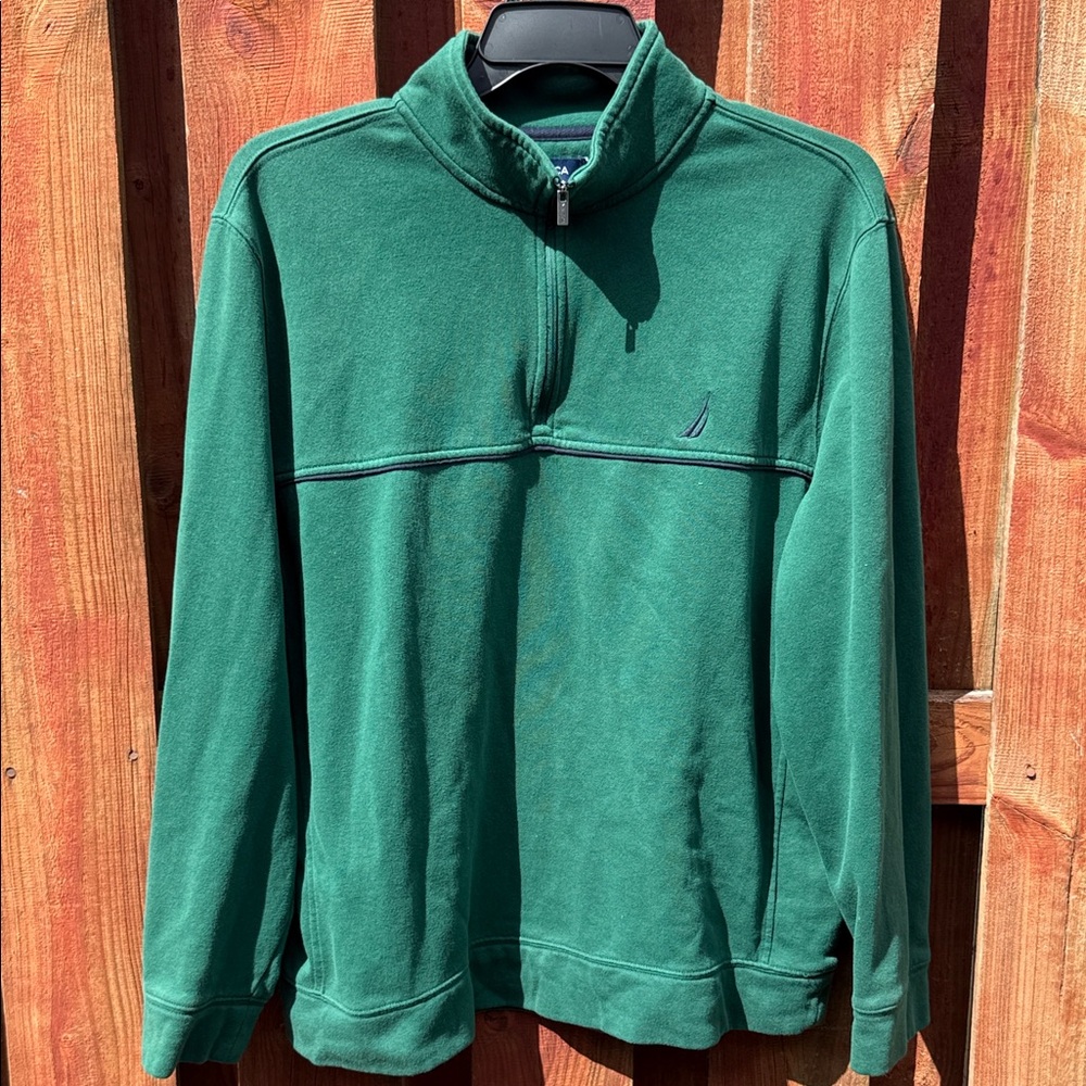 Nautica Hunter Green Chest Piping Logo Quarter Zip Fleece Pullover Sweatshirt XL
